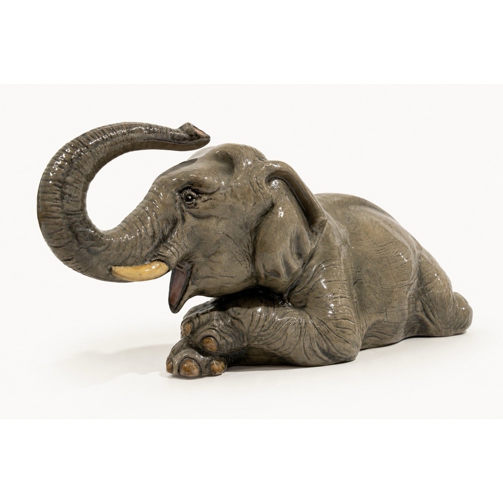 Large Ceramic Elephant Figurine Gray Reclining Elephant Statue Raised Trunk‎